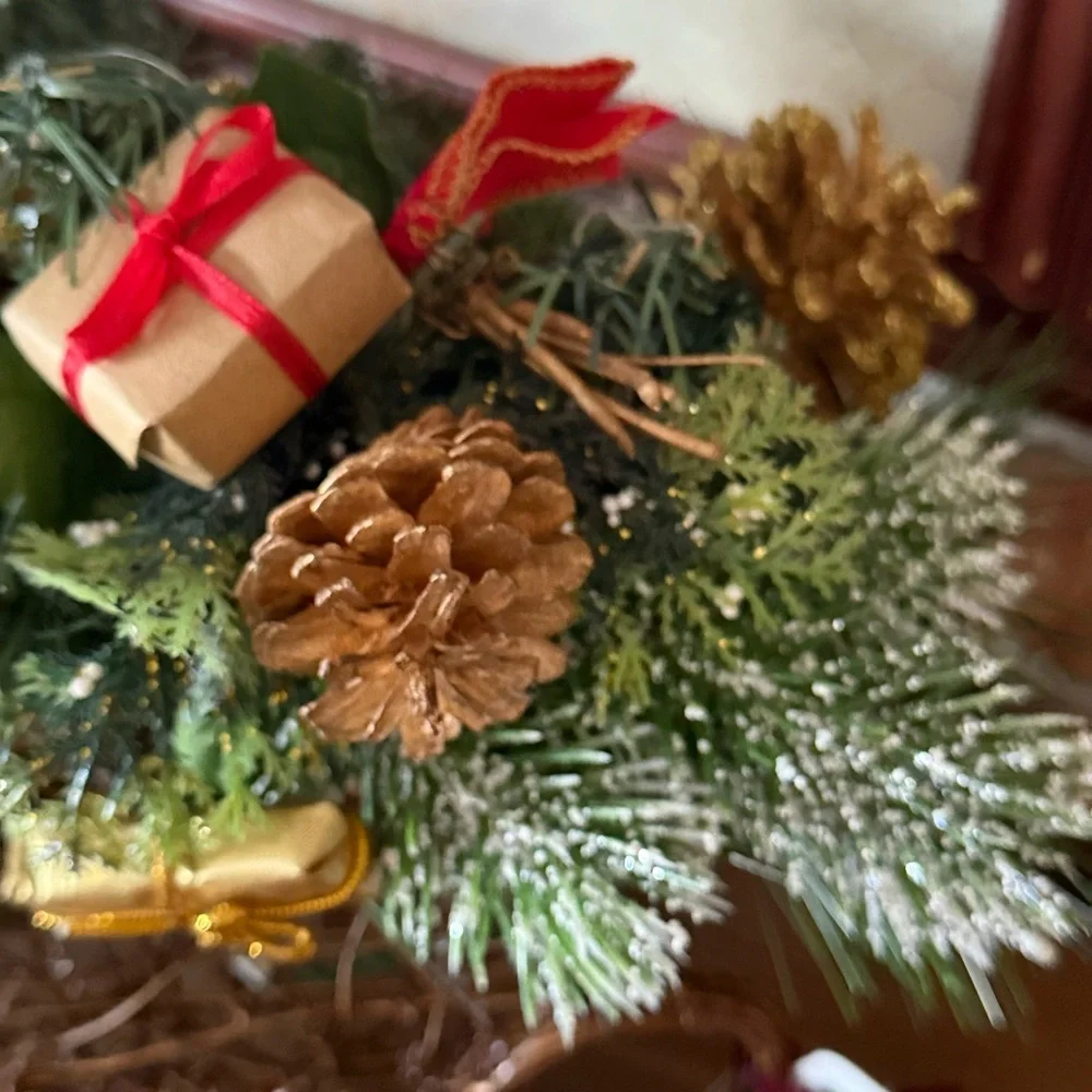 Vintage 1988 Holiday Decorative Wicker Sleigh with Greenery and Red Accents